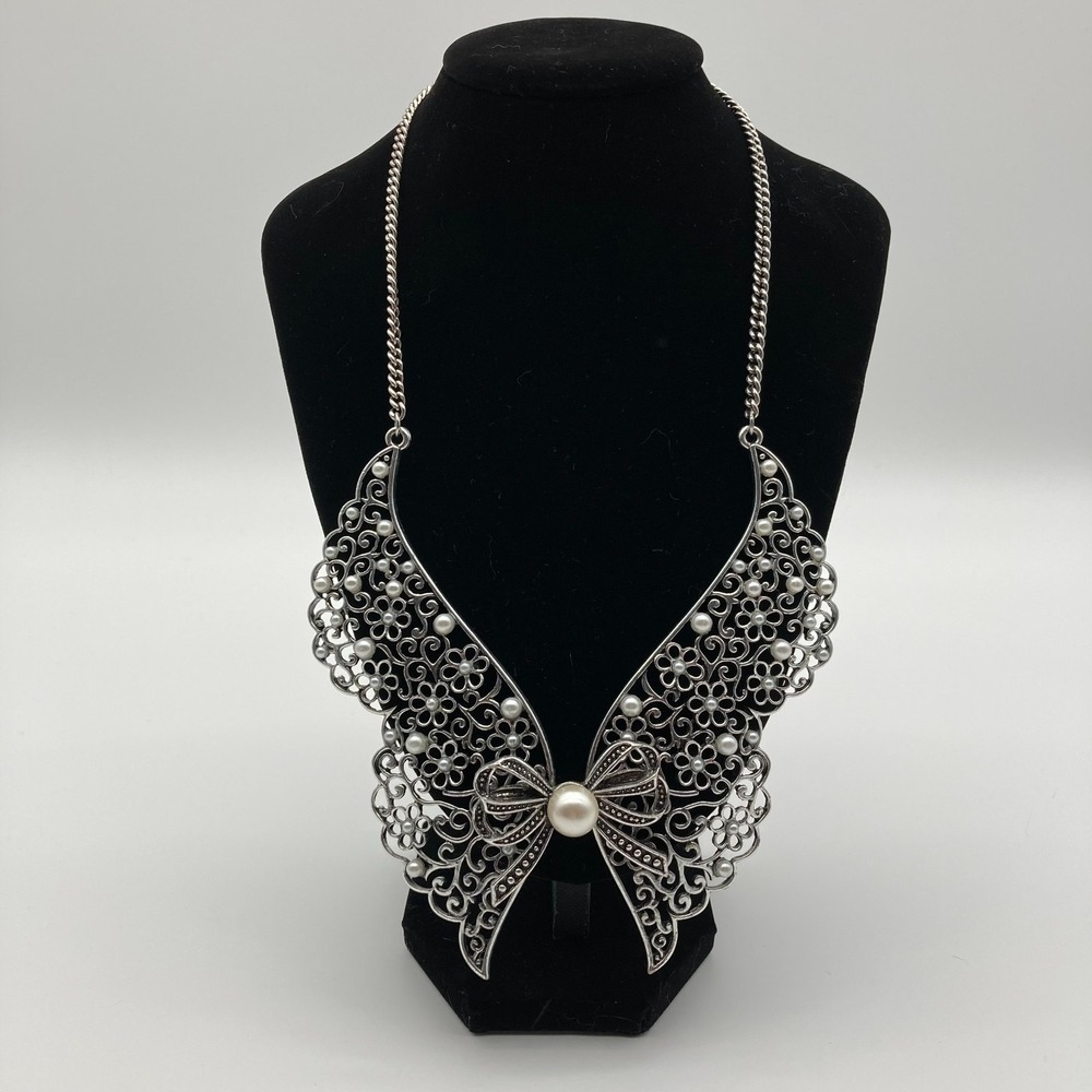 Vintage Silver Toned Faux Pearl Butterfly Floral Bow Bib Statement Necklace